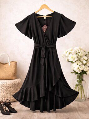 Black Faux Wrap Midi Dress Flutter Sleeve Ruffle Hem Midi NWT 1X Boho Ava & Viv